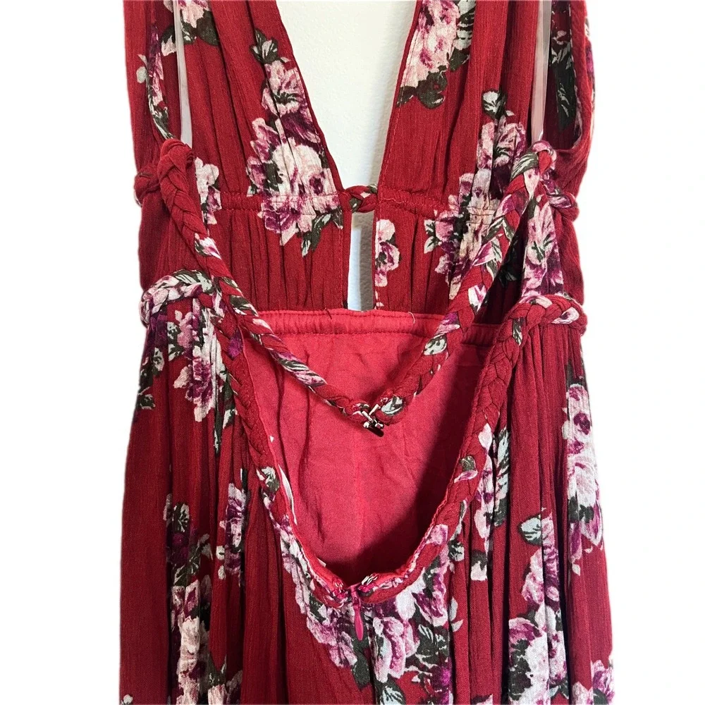 ILA ILA Floral Halter Maxi Dress Burgundy  Braided Waist Open Back Boho Summer - Picture 6 of 9